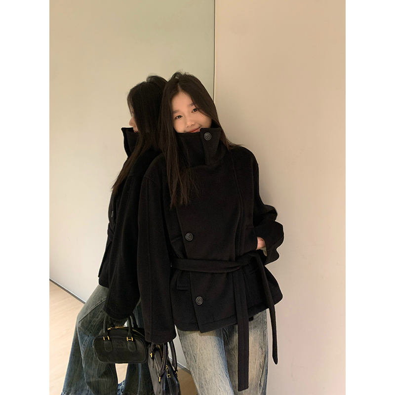 王少女的店【现】黑色立领单面呢加厚女外套女装保暖上衣N26347S43