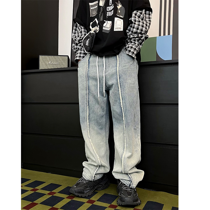 K4041小赖家亲子宽松休闲韩版水洗做旧美式复古软牛仔裤大码裤子