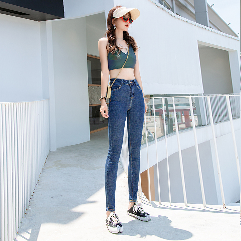 蓝色牛仔裤女高腰九分小脚修身显瘦百搭2025春夏新款弹力薄款紧身