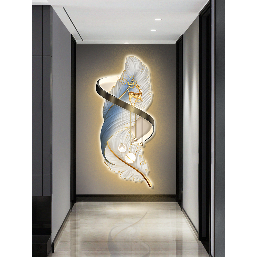 新款玄关装饰画羽毛现代轻奢入户走廊挂画竖版led灯画过道墙壁画