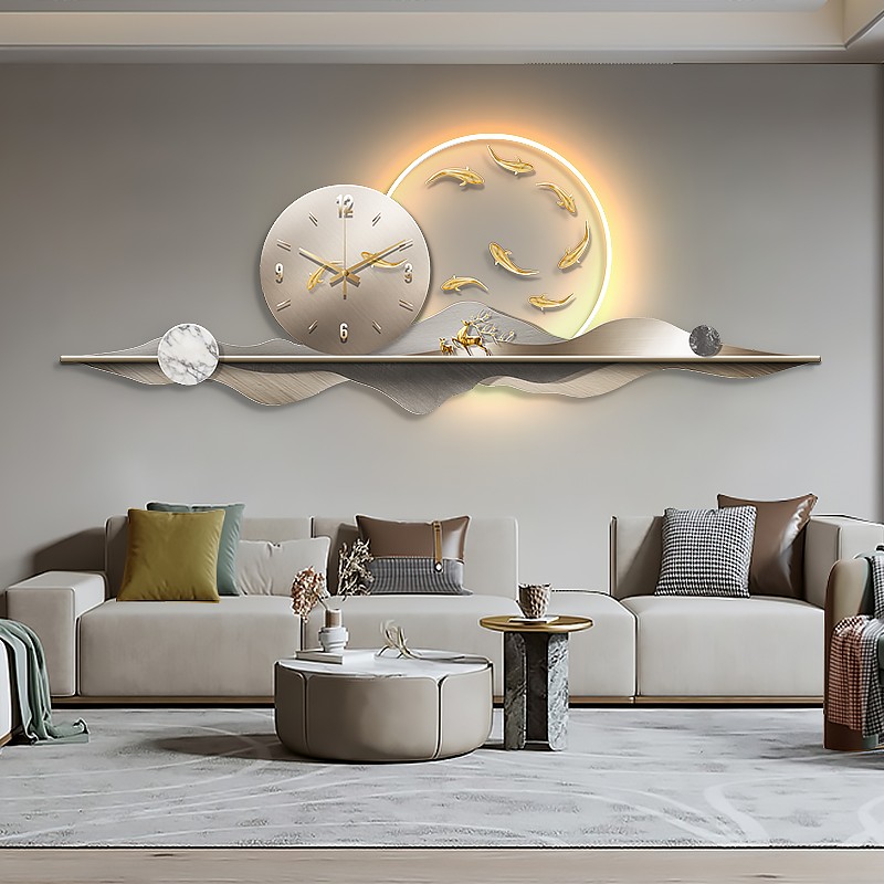 沙发背景墙餐厅装饰画九鱼图壁画带钟表led氛围灯画客厅挂画