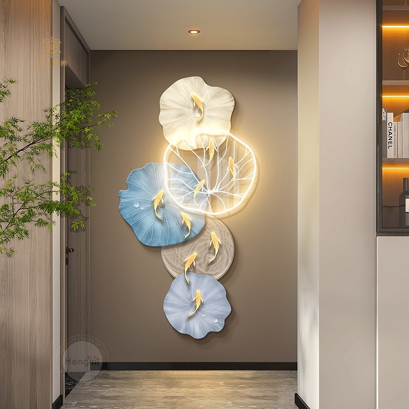 九鱼图装饰画轻奢高档荷叶壁灯挂画走廊进门玄关餐厅过道墙壁画