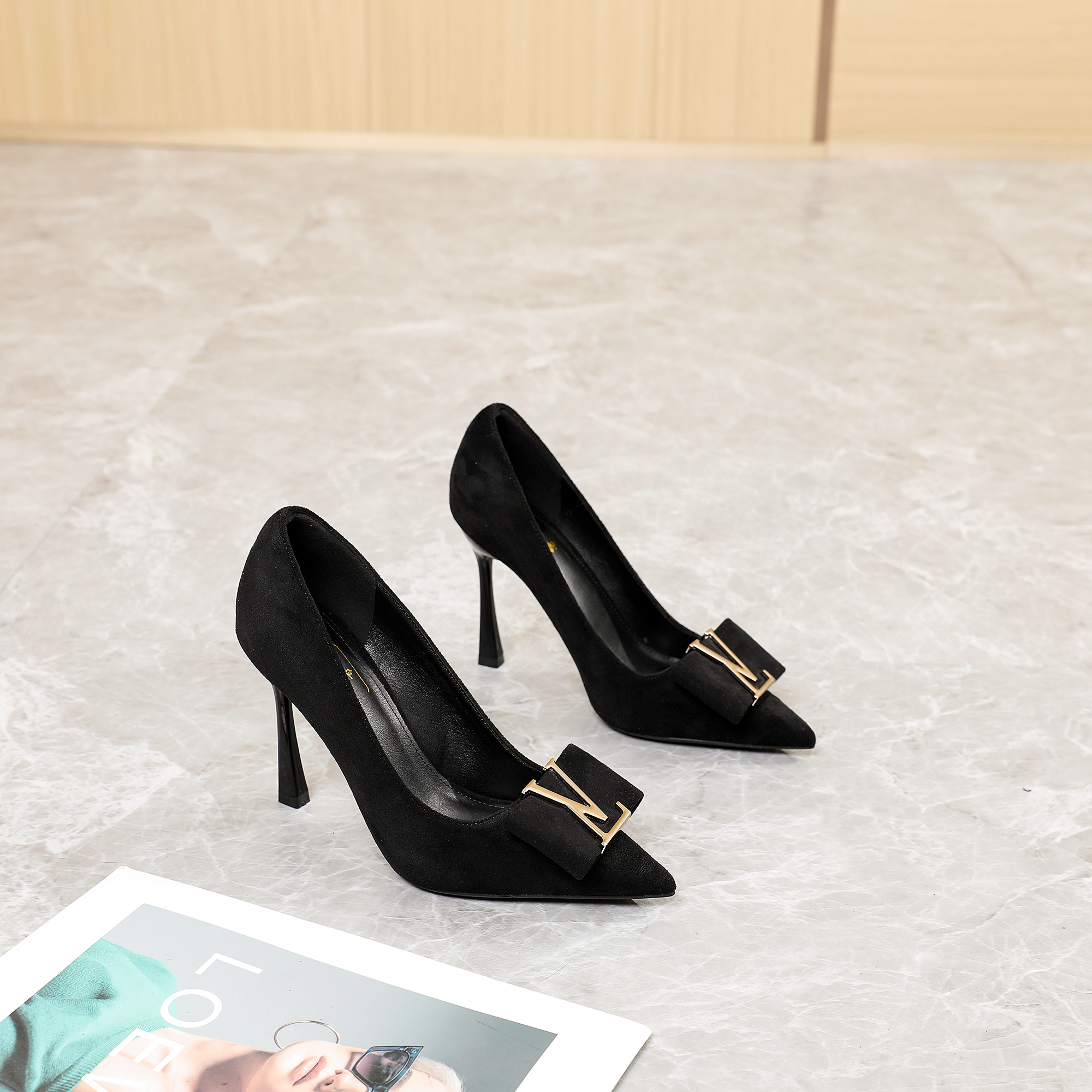 【10公分∽7公分】春秋爆款绒面气质时尚百搭VL尖头气质高跟单鞋女