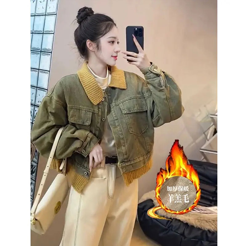 春秋新款小众复古撞色翻领牛仔外套秋冬季加绒新款休闲加绒款上衣
