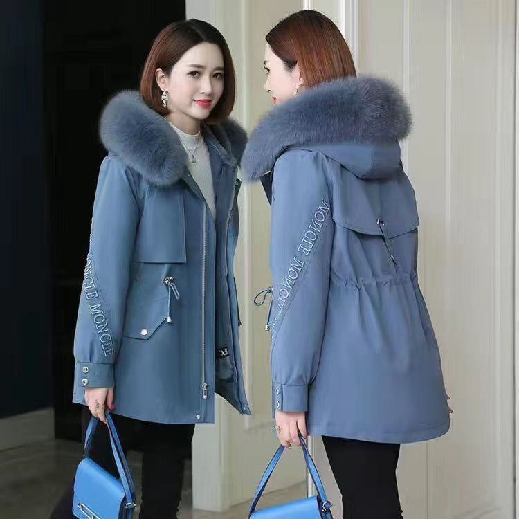 羽绒服2023新款一衣三穿派克女韩版大毛领冬收腰袄外套