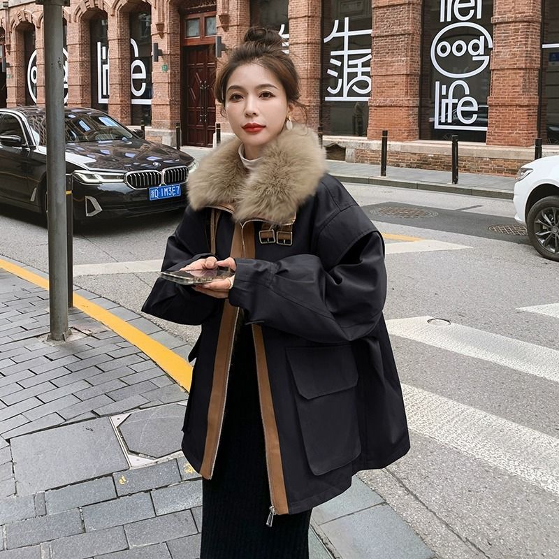 羽绒服高级感黑色派克女冬季2023年新款加绒加厚大毛