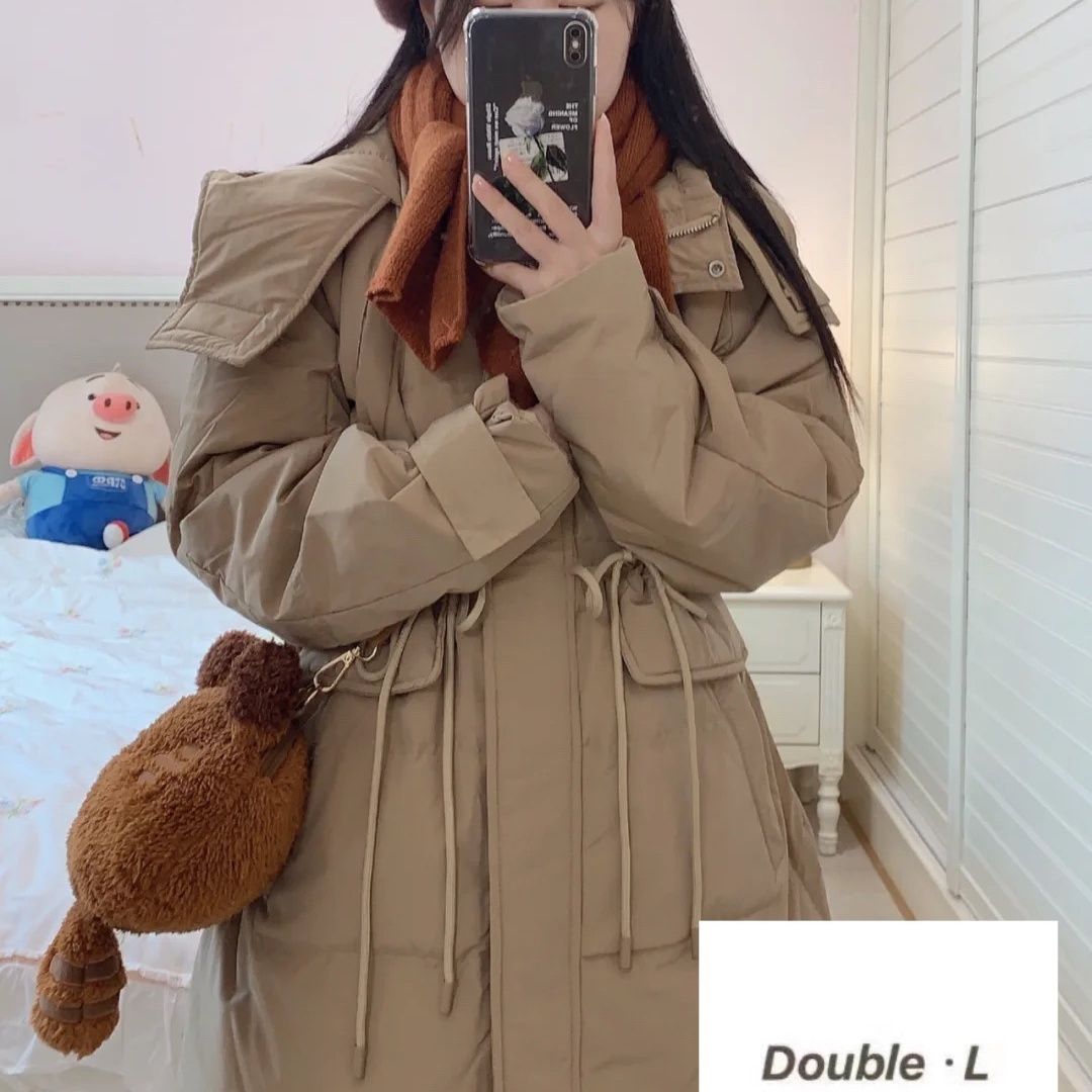 2023年新款工装户外羽绒服女红色中长款收腰连帽加厚