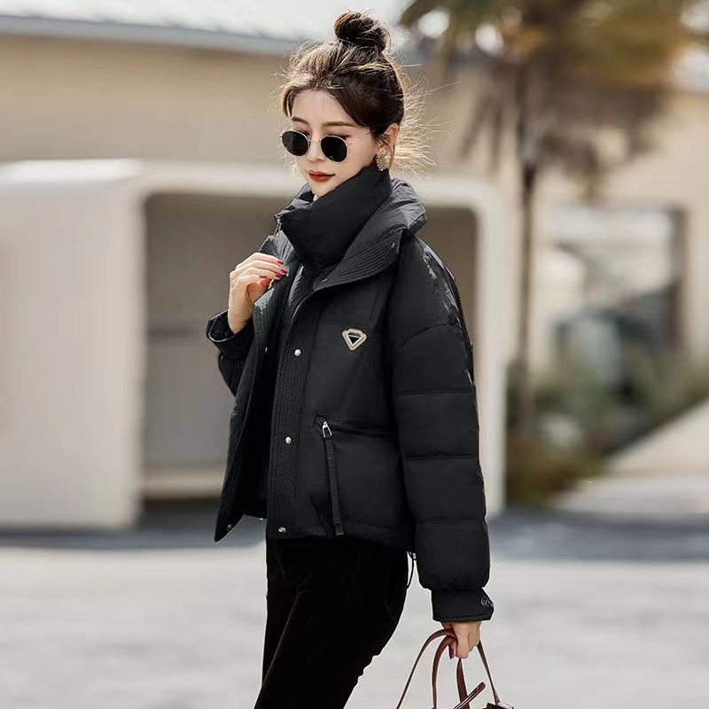 立领假两件短款户外羽绒服女2023冬季新款小个子加厚保暖白