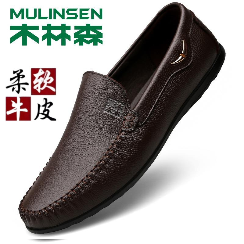 木林森头层纯牛皮正品男士系带软底透气休闲黑色2025春秋款男皮鞋