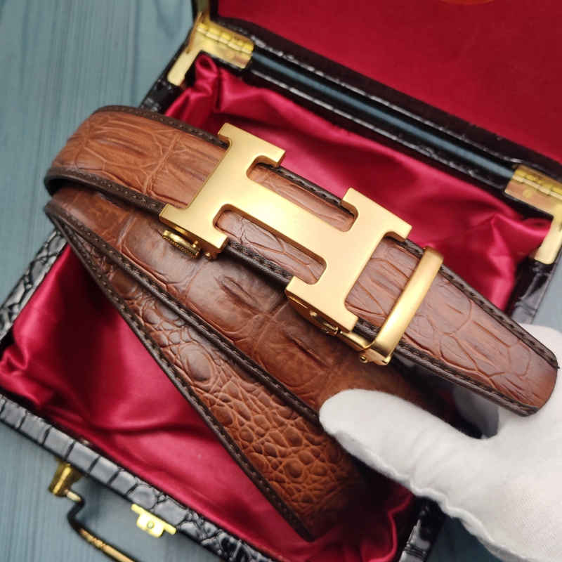 自动扣高档鳄鱼纹棕色皮带经典H扣裤带真皮卡简约商务牛皮腰带男