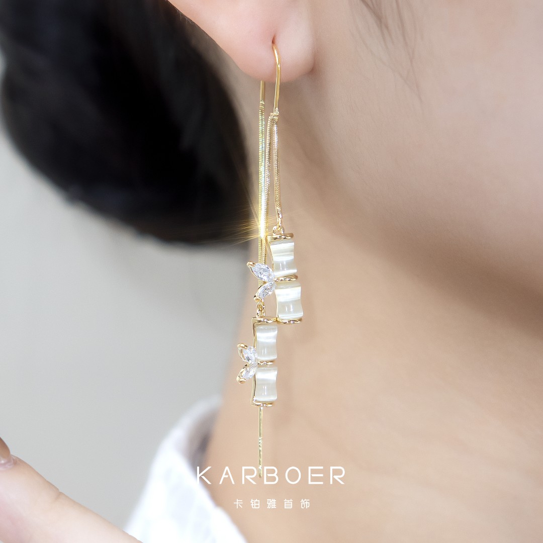 铜合金合成锆石耳饰 【竹竹节】时尚百搭气质小众精致竹节镶嵌首饰