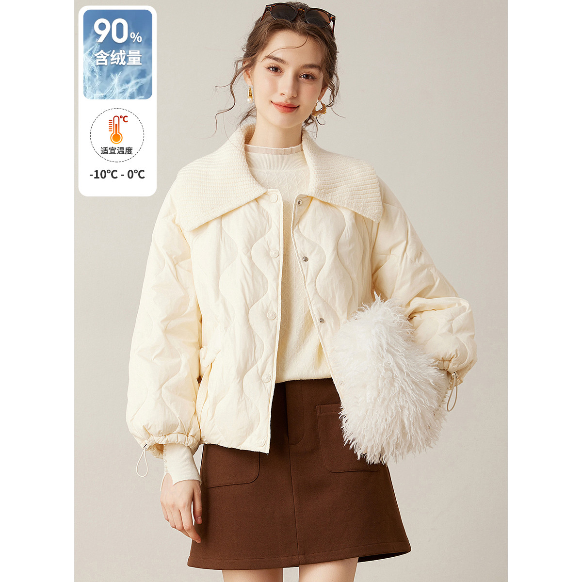 白鹿语冬款时尚气质加厚保暖软糯针织翻领羽绒服外套女FBX10260