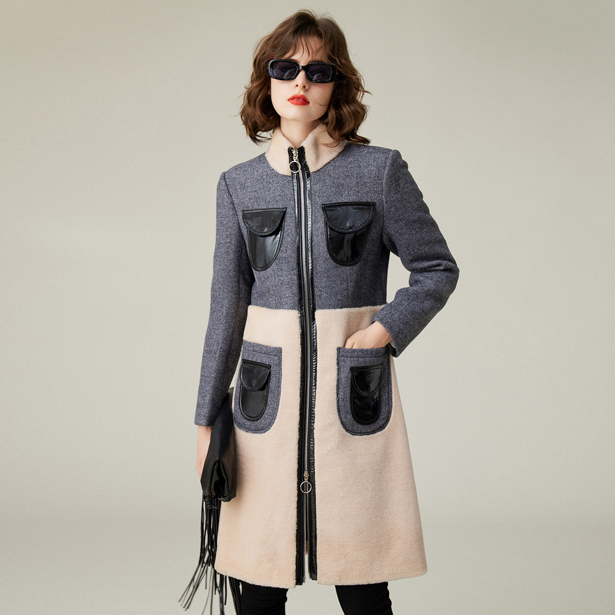 【小云总专属】白鹿语立领毛呢拼接大衣外套BX21641