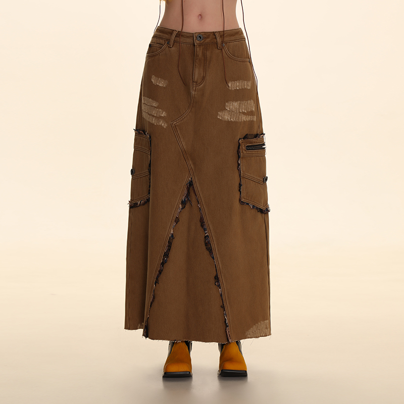 【秀款】DNT/韩火火 设计感磨破口袋加绒牛仔半身裙廓形秋冬新款