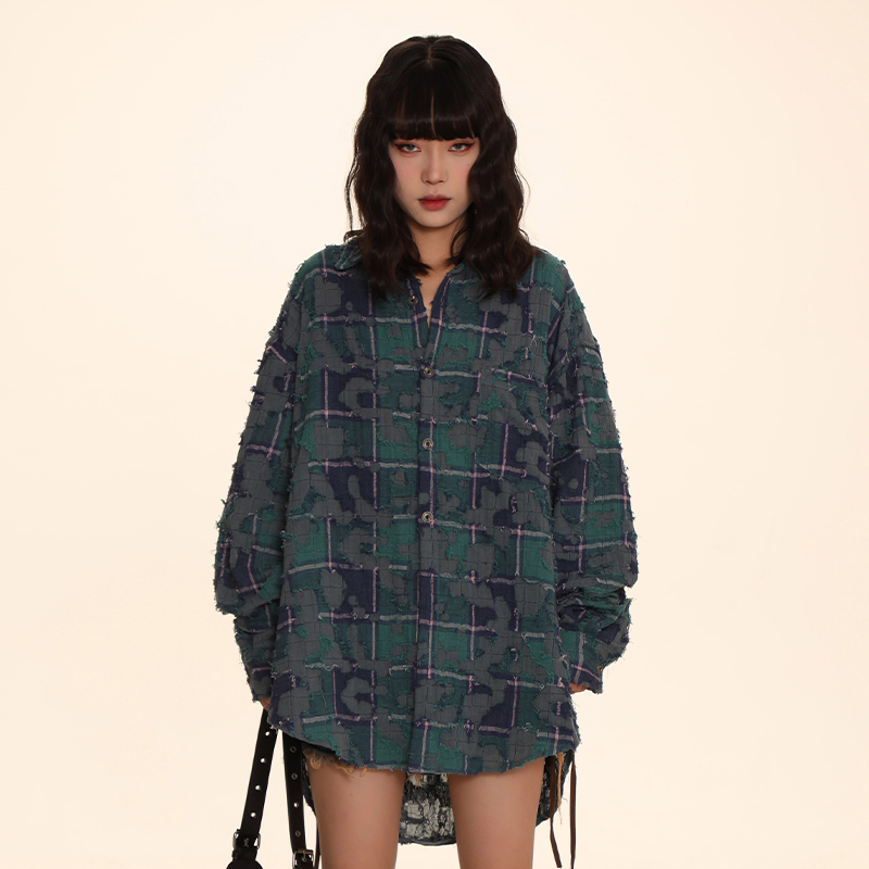 DNT/韩火火 设计感撞色拼布长袖格子衬衫个性男友风宽松休闲新款