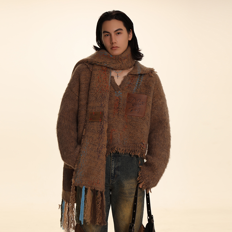 【秀款】DNT/韩火火 个性时髦豹纹拼接流苏围巾保暖时尚围脖新款