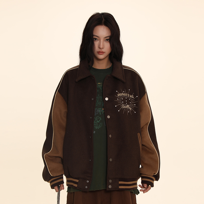 DNT/韩火火 重磅拼色钉钻毛呢棒球服学院风宽松情侣运动休闲新款