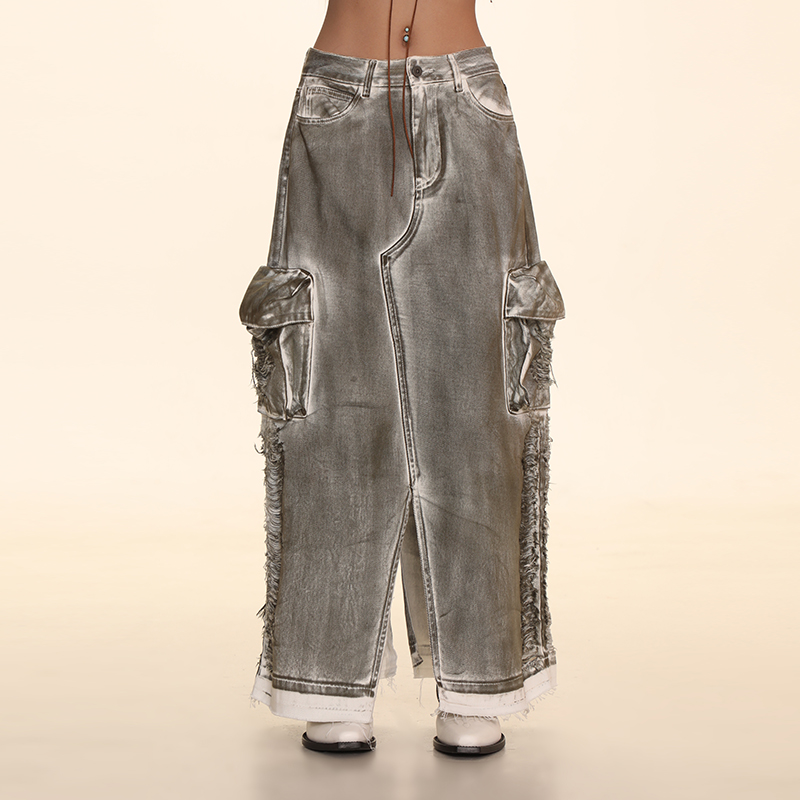 【秀款】DNT/韩火火 工装做旧风破洞脏脏牛仔半身裙开叉A字长裙新