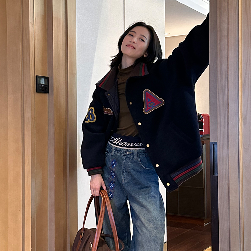 Ahania X DNT/韩火火 美式复古宽松字母刺绣棒球服夹克外套秋冬新