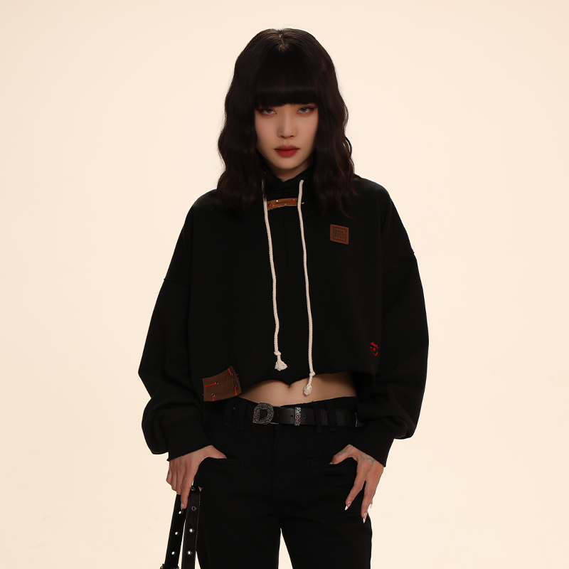 【秀款】DNT/韩火火美式辣妹皮标短款连帽卫衣短款运动休闲宽松秋冬