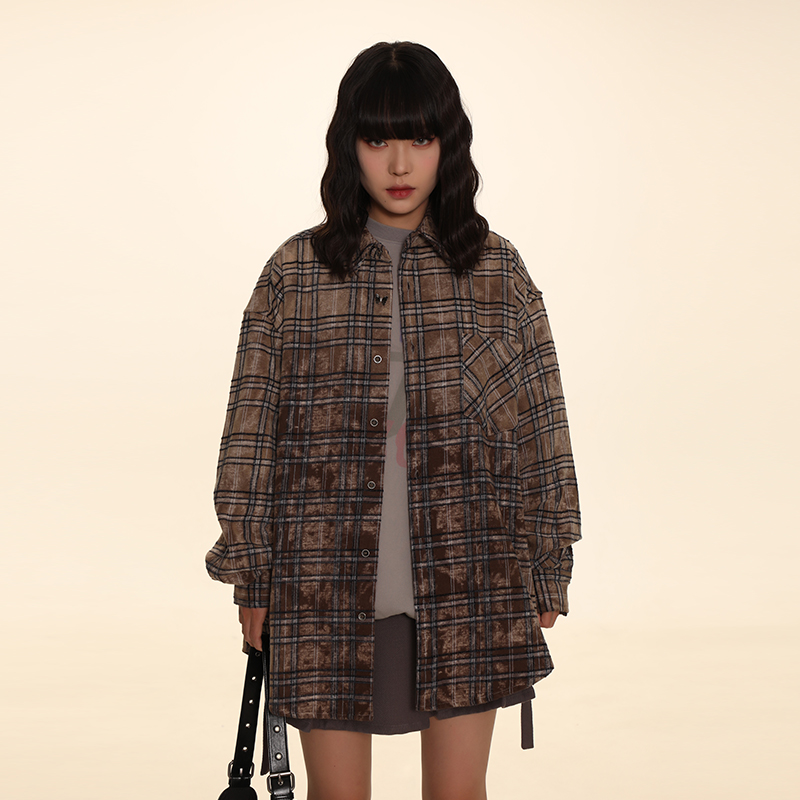 DNT/韩火火 下摆流苏扎染长袖格子衬衫蝴蝶扣复古宽松休闲秋冬新