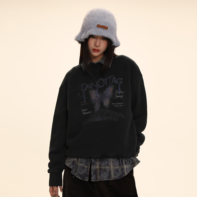 DNT/韩火火 美式创意蝴蝶印花圆领卫衣加厚宽松复古休闲秋冬新款