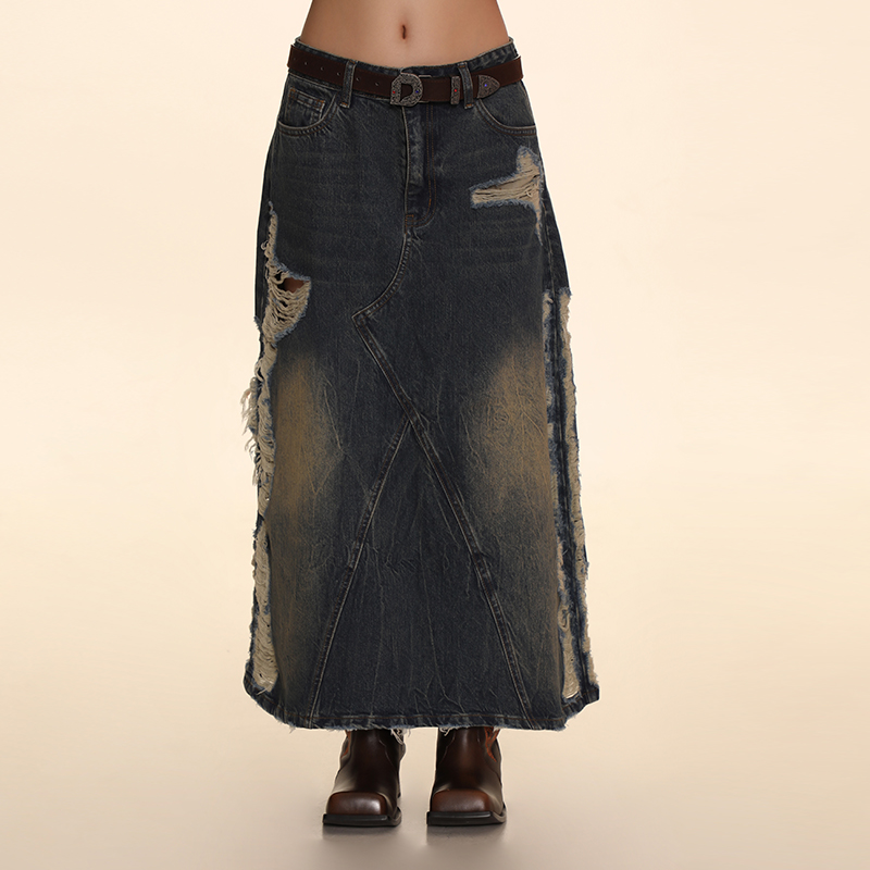 【秀款】DNT/韩火火 复古拼接侧边破洞牛仔半身裙廓形做旧秋冬新