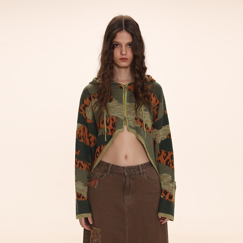 DNT/韩火火 小众设计豹纹辣妹露腰双拉链开衫外套宽松圆领毛衣