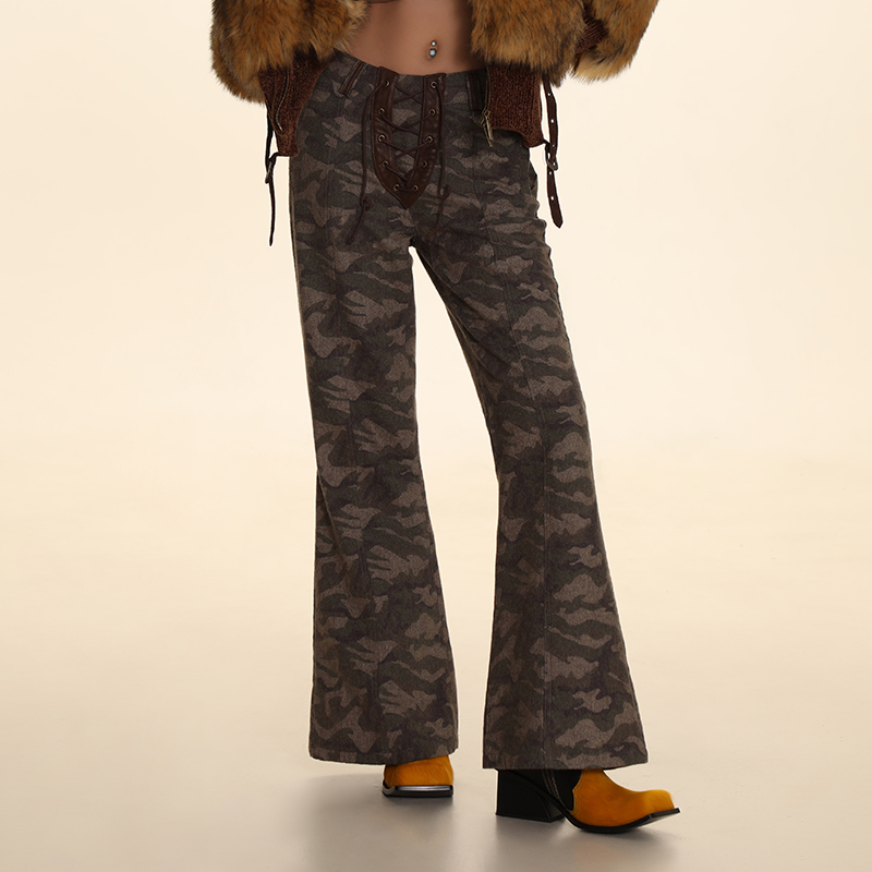 【秀款】DNT/韩火火 美式街头微喇迷彩系绳休闲裤设计感秋冬新款