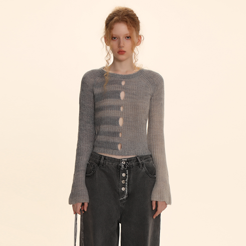 DNT/韩火火 个性破洞喇叭长袖针织衫圆领修身设计感显瘦薄款秋季