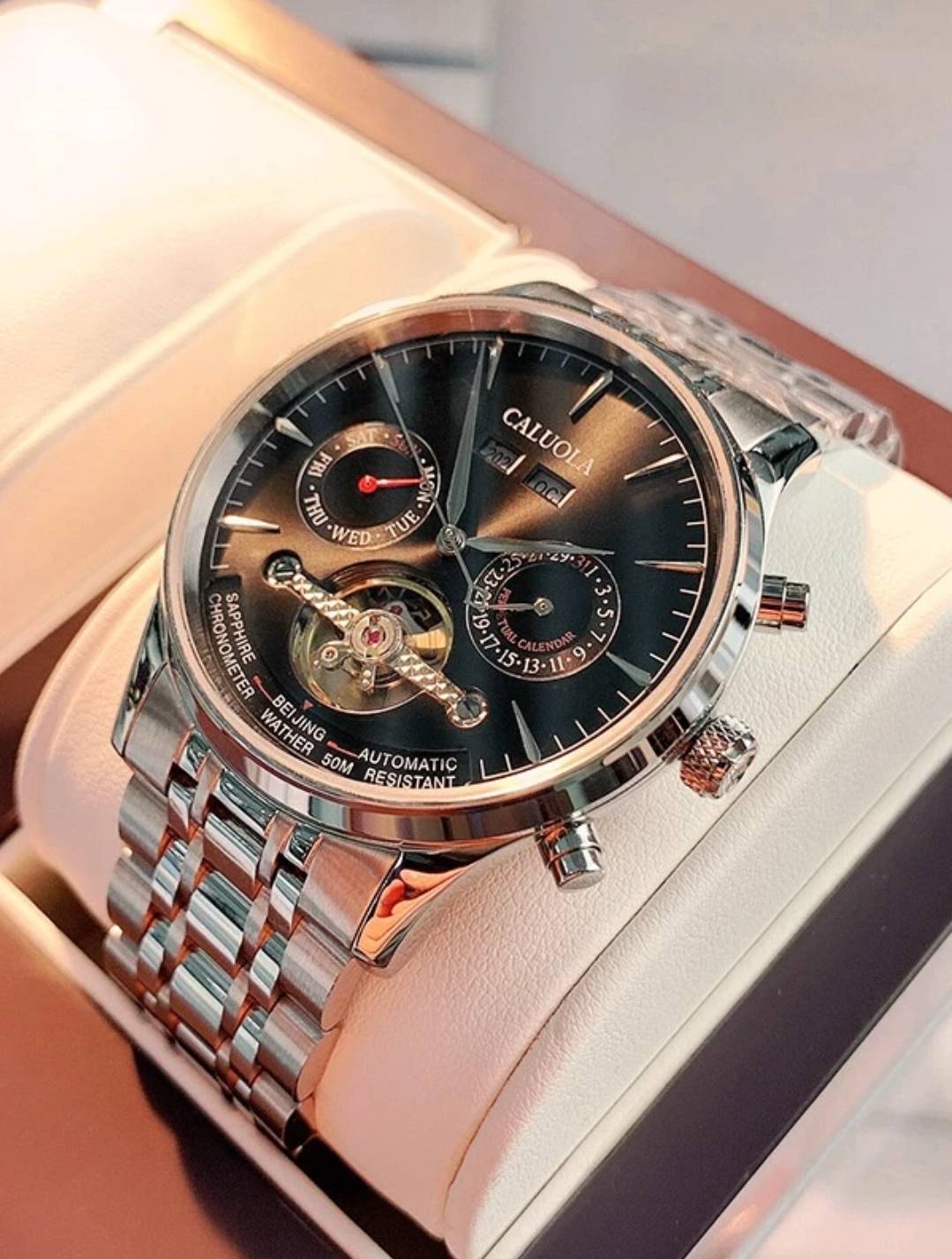 卡罗莱官方直播男士手表休闲陀飞轮钢带全自动机械表防水高端腕表