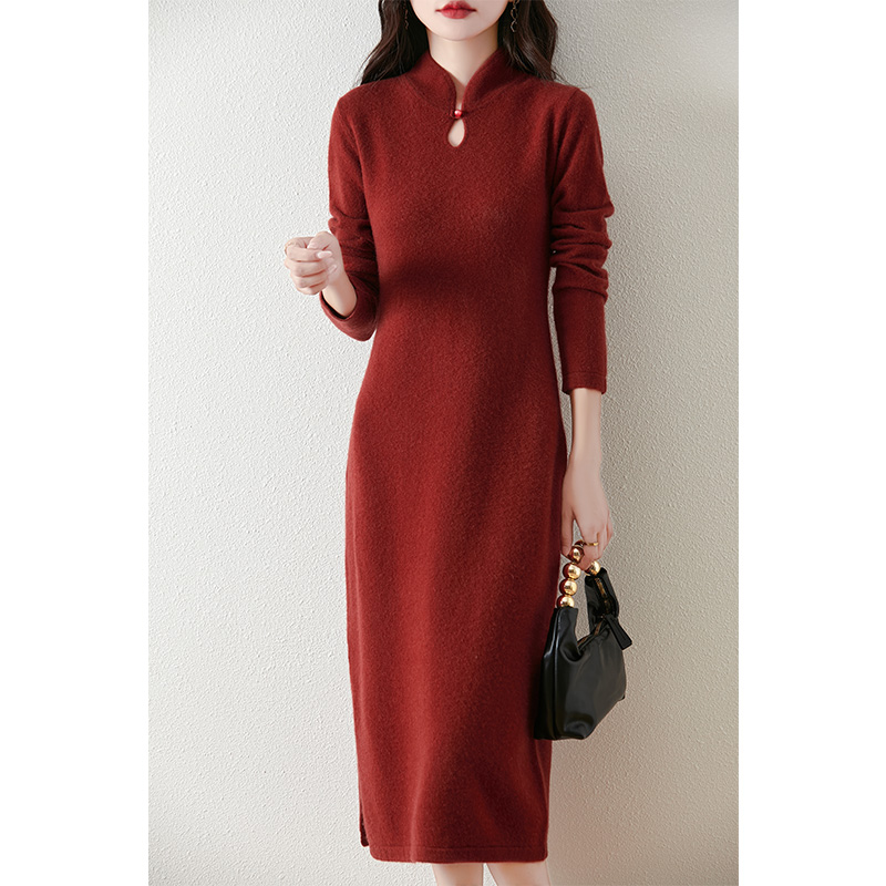 秋冬国风100%纯羊毛连衣裙女旗袍领长款开叉过膝针织显瘦毛衣长裙