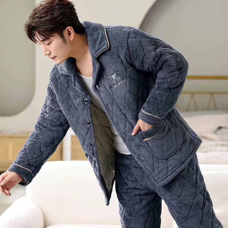 都市丽人睡衣男士冬季三层加厚珊瑚绒夹棉保暖加绒法兰绒家居服套