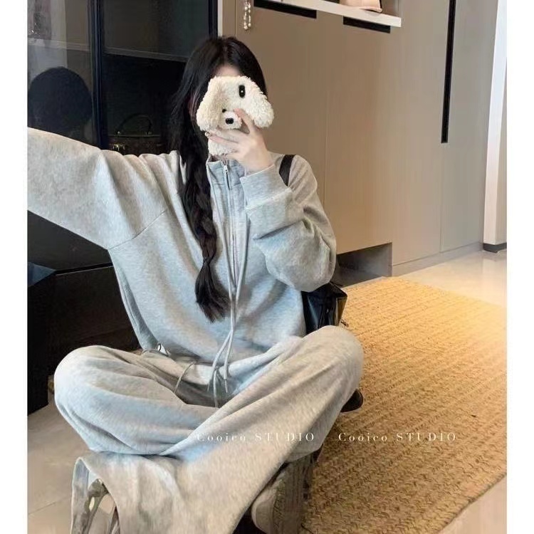 学院风流行秋冬新款慵懒风卫衣卫裤套装女高腰显瘦阔腿裤设计感潮