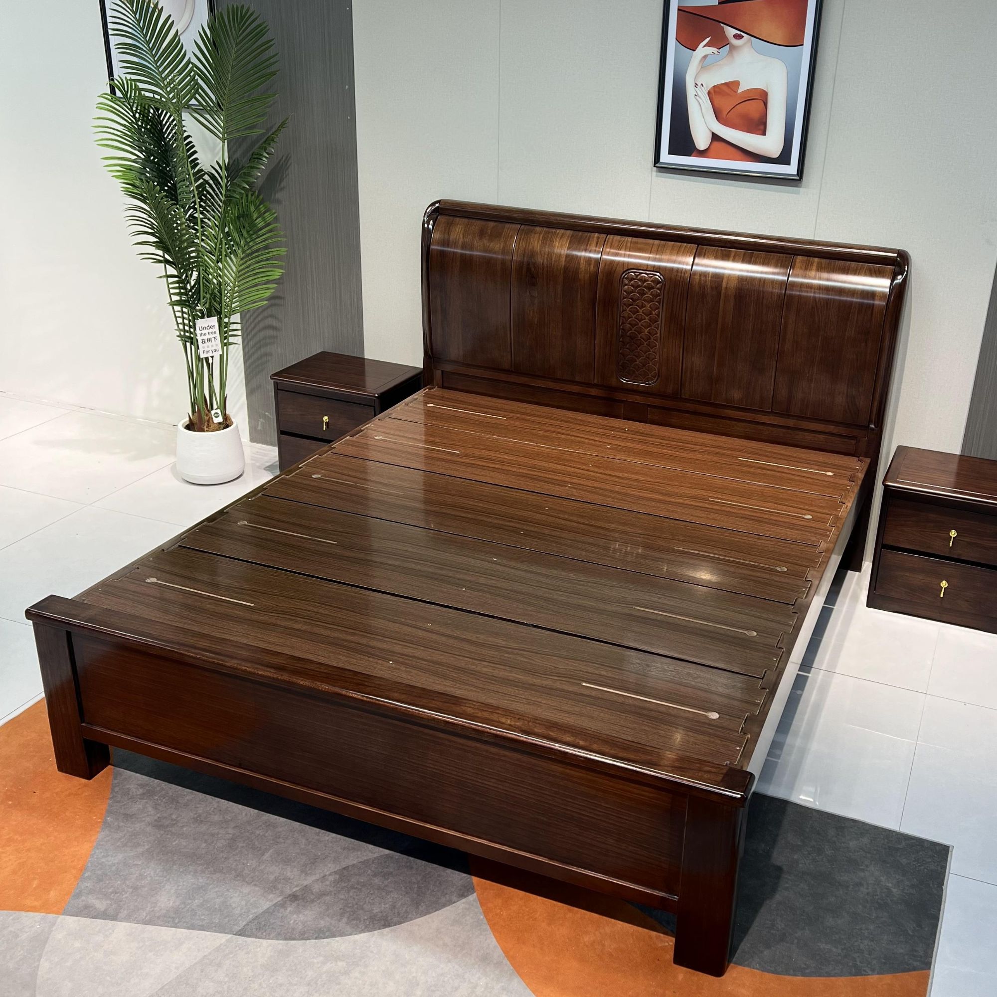 榫卯胡桃木1.8米实木床新中式双人大床现代简约轻奢主卧婚床