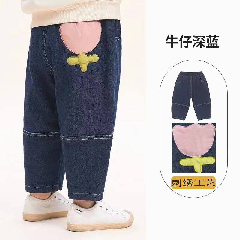 童装女大童小童刺绣立体花朵撞色新款牛仔薄款长裤新阔腿裤