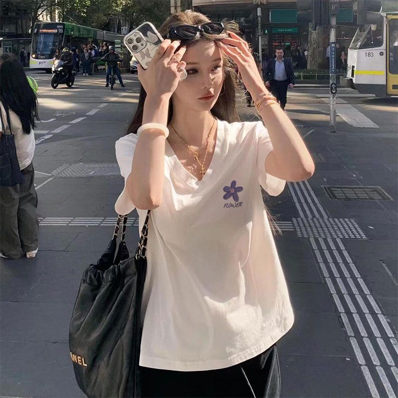 100%纯棉短袖女新款夏季女生短袖衫V领宽松白色t恤女装气质上衣潮