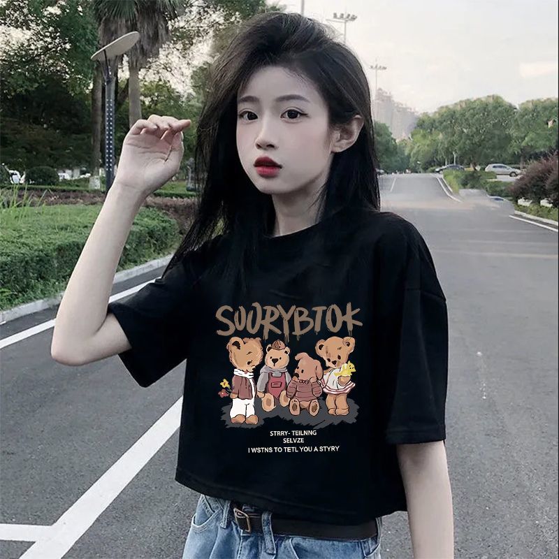 纯棉正肩T恤女夏季2024新款印花小个子百搭宽松短款甜辣短袖上衣
