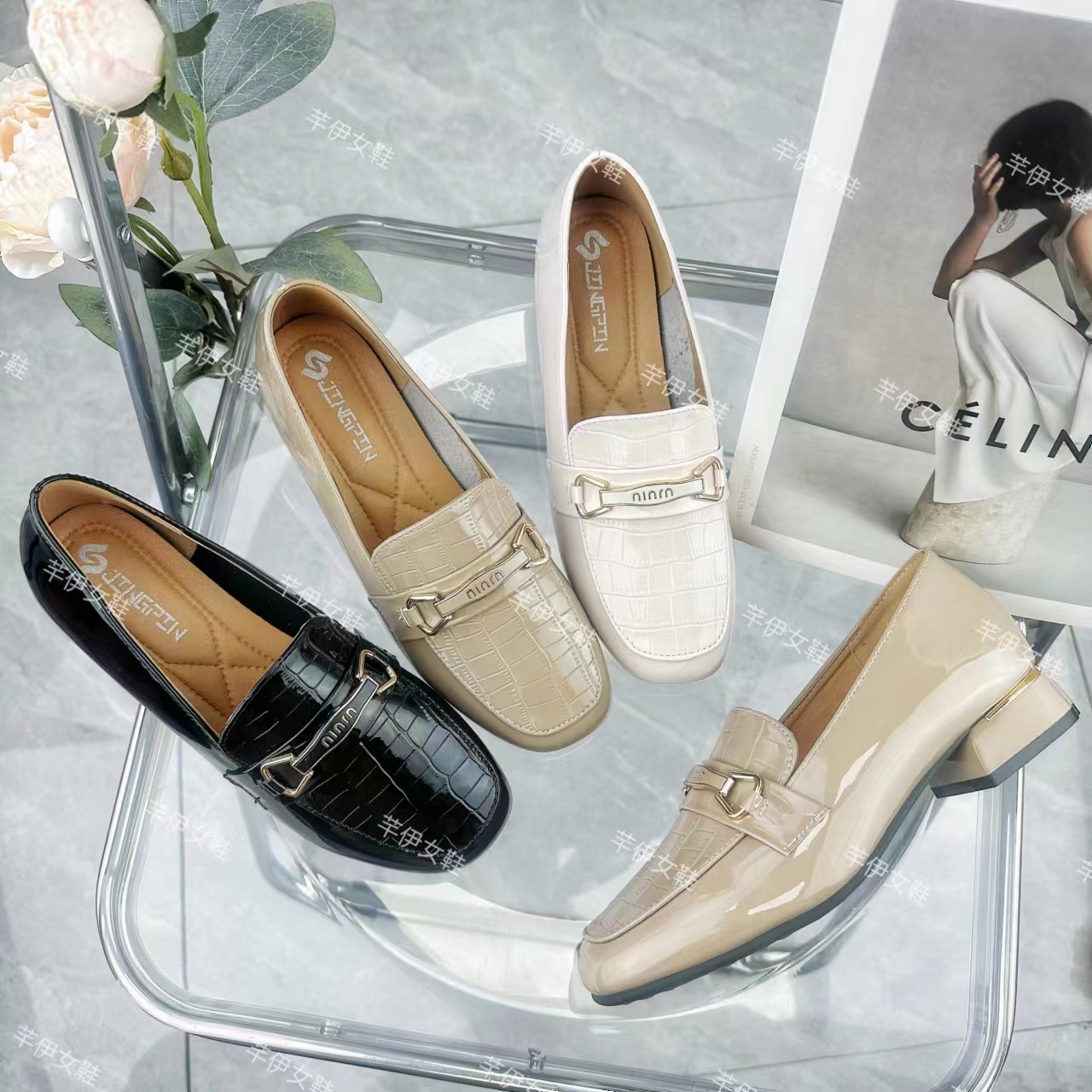 秋季新款百搭乐福鞋时尚休闲粗跟深口中跟休闲鞋