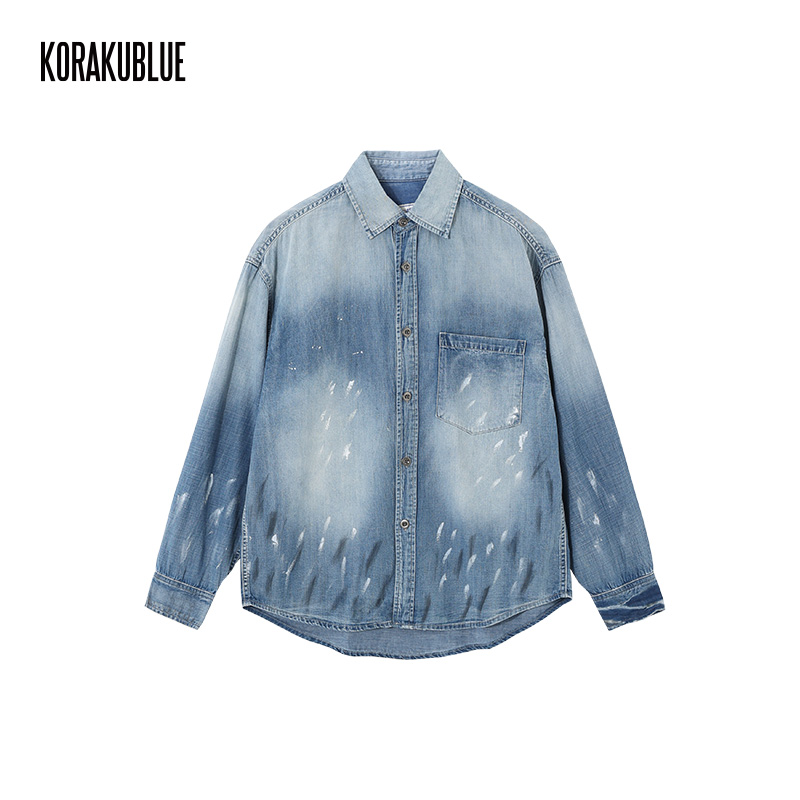 「新疆棉高支纱」蓝布屋泼漆水洗做旧口袋丹宁牛仔衬衫TKBLSHT558