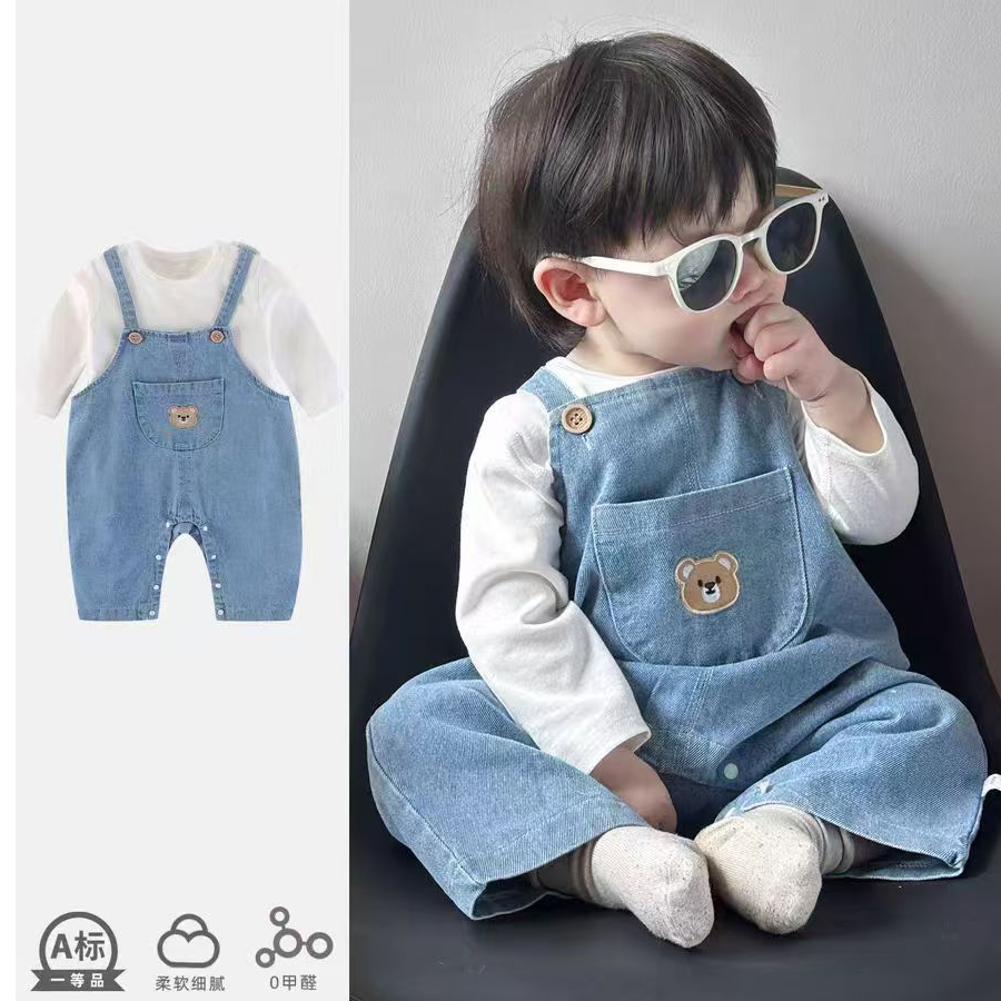 婴儿牛仔连体衣秋装套装宝宝背带衣服春秋季超萌婴幼儿外出服早秋