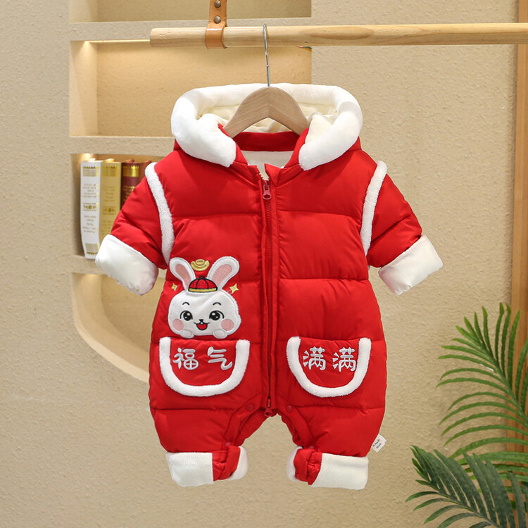 婴儿拜年服冬装新生儿过新年衣服喜庆红色加厚宝宝满月一周岁礼服