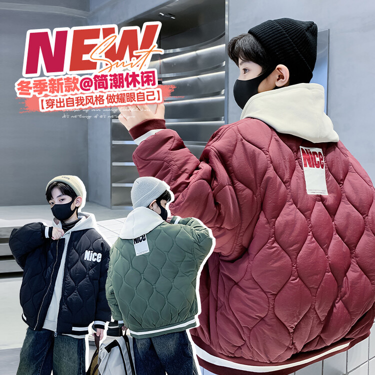 男童棉服冬季加厚棉袄宽松菱格新款棉衣外套绣绣花棒球服棉衣防风