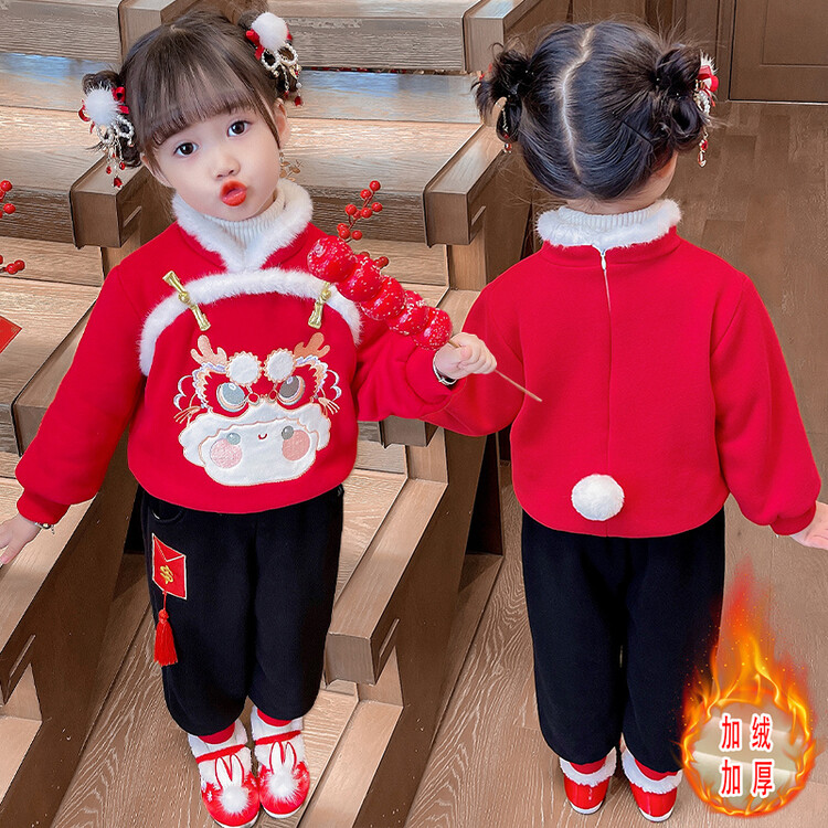 儿童加绒年服套装2023秋冬新款宝宝唐装加厚女童中国风两件套年服