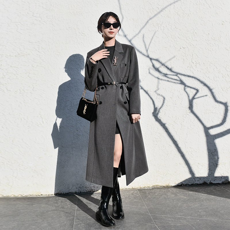 西装大衣女秋冬季新款欧韩气质复古网红宽肩阔版长款加棉风衣外套