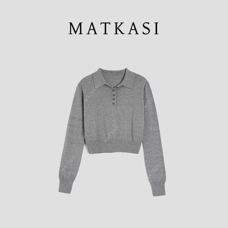 MATKASI 格雷系浅灰翻领半排扣收腰显瘦polo针织衫