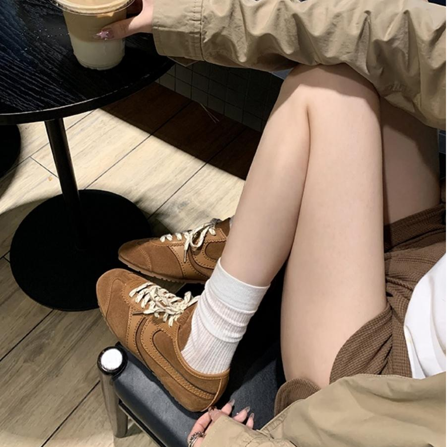 2025新款棕色德训鞋女真皮阿甘鞋休闲复古运动鞋撞色小众低帮单鞋