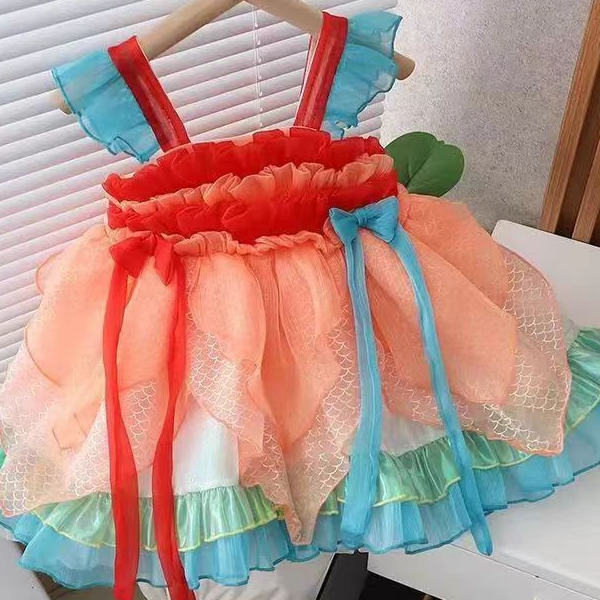 吊带女童连衣裙短袖公主风女裙子夏装童装洋气夏季拼色刺绣