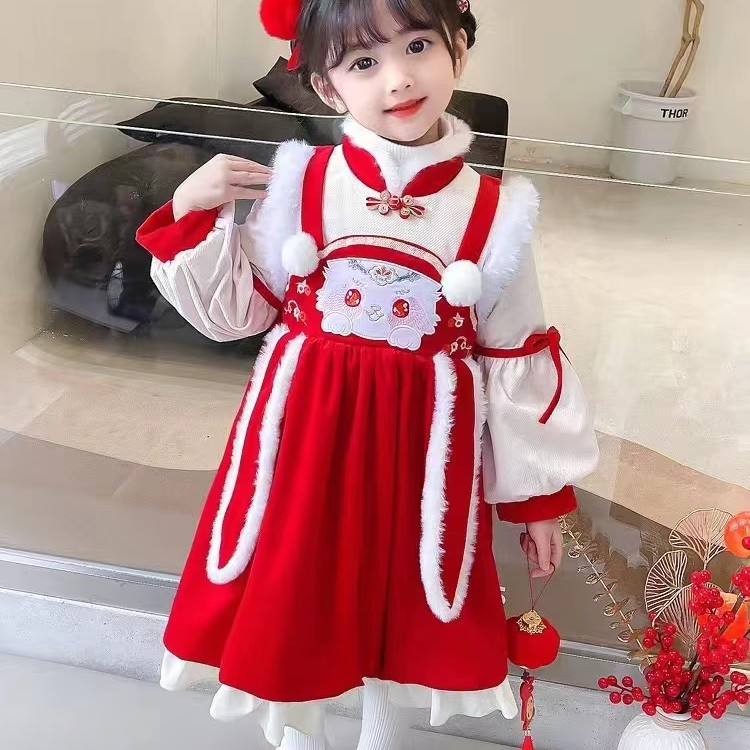 女童加厚加绒冬季女宝洋气公主裙大红粉色连衣裙儿童
