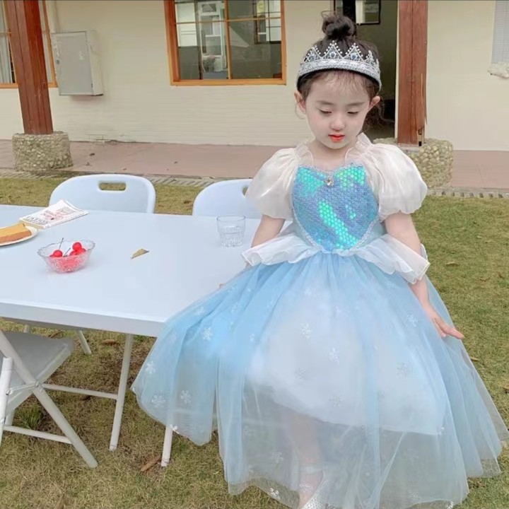 蓬蓬纱泡泡袖公主裙夏季连衣裙公主女童儿童女孩蓝色艾莎公主裙子